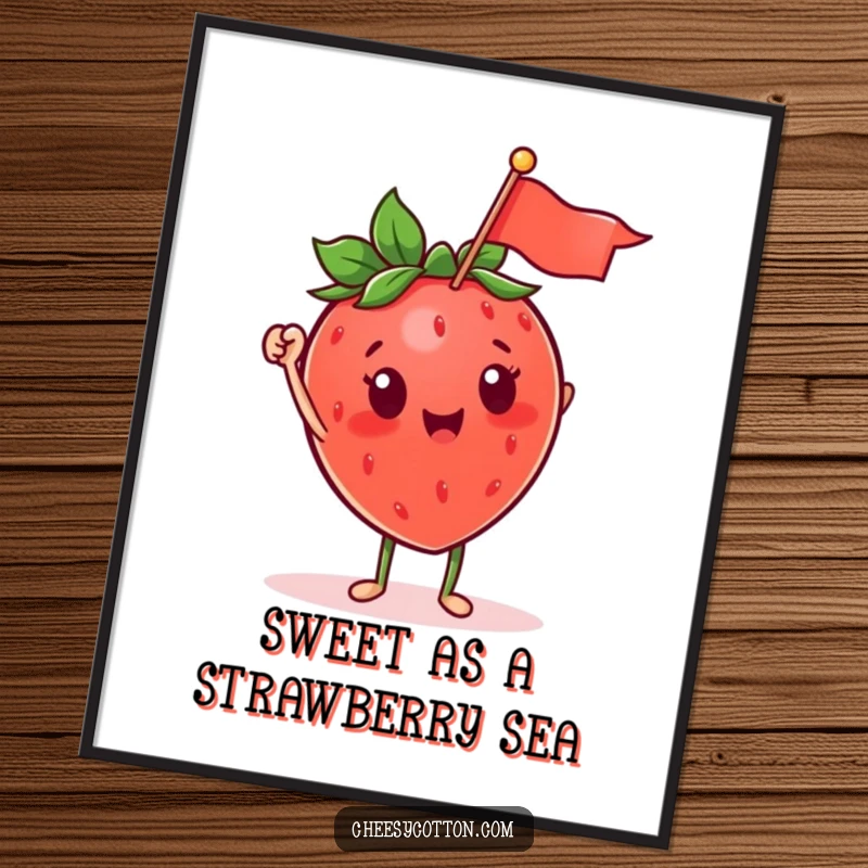 Funny free printable wall art showcasing a cute strawberry character with a beaming smile, waving a tiny, colorful flag with glee.