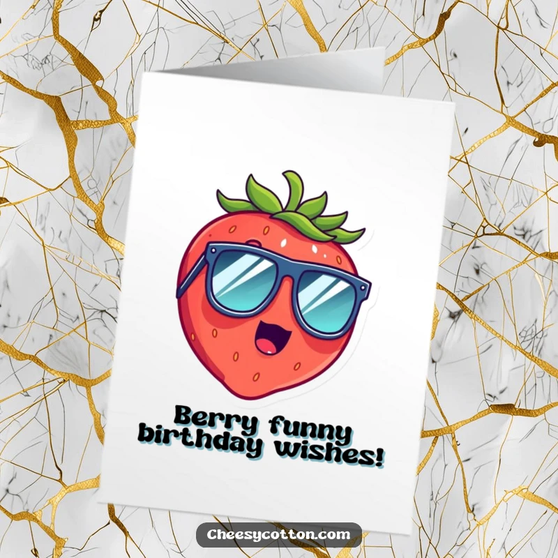 Funny Free Printable Birthday Card featuring a shocked strawberry in big sunglasses, ready to deliver laughs and birthday wishes.
