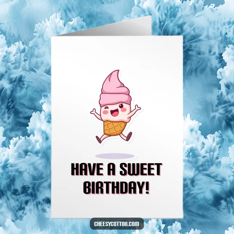 Funny free printable birthday card showing a cute ice cream cone character happily performing a cartwheel with sprinkles flying.