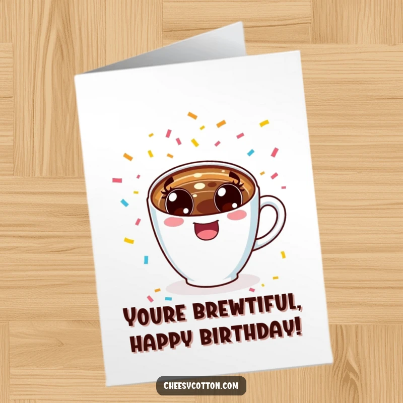 Funny Free Printable Birthday Card: Kawaii coffee cup with wide eyes cheering excitedly amidst a shower of confetti.