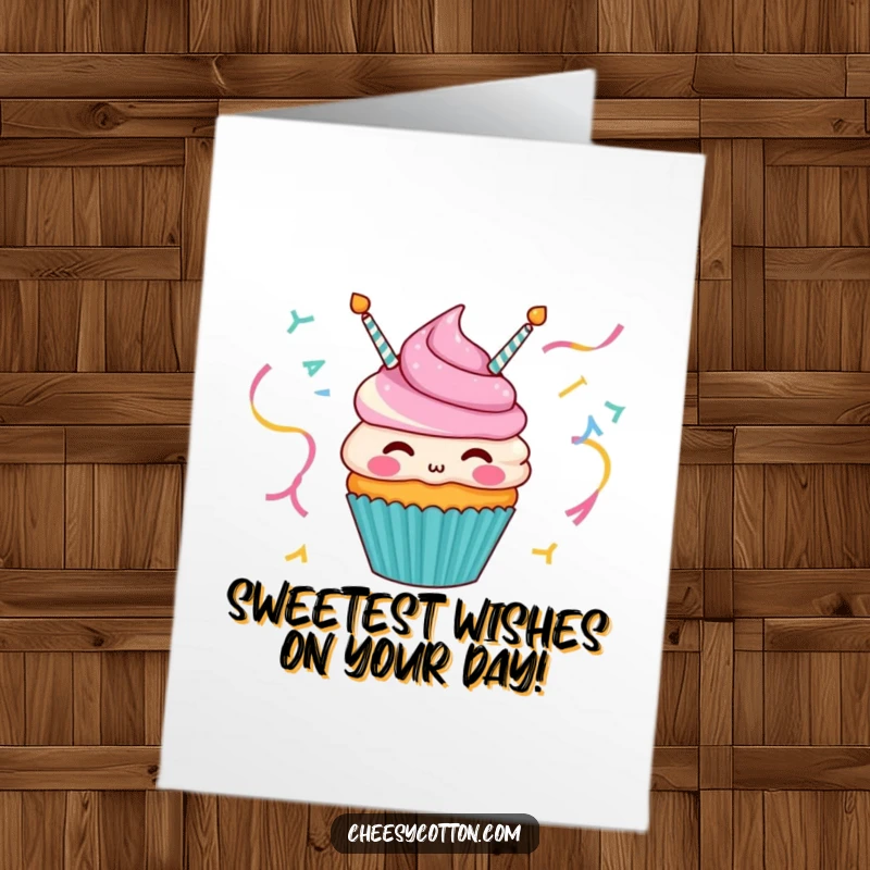 Funny Free Printable Birthday Card: A joyful cupcake character enthusiastically blowing colorful party streamers, ready to celebrate.