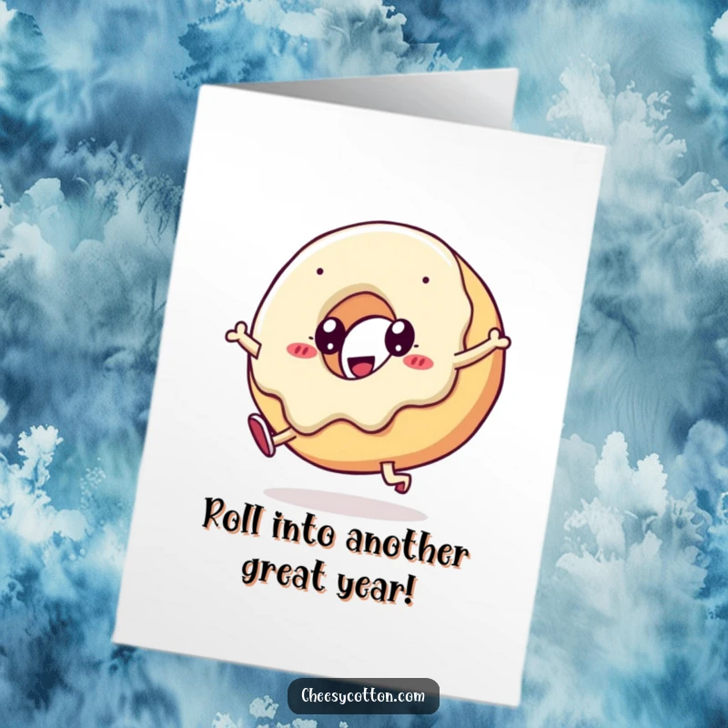 Funny Free Printable Birthday Card: A kawaii doughnut gleefully doing a cartwheel, spreading joy and sweetness to recipients.