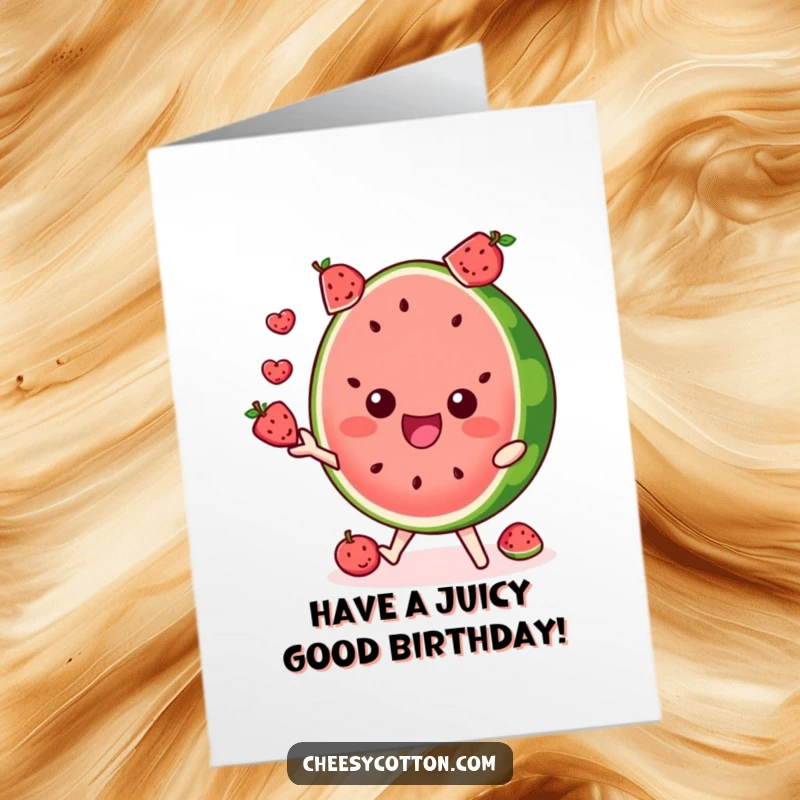 Funny Free Printable Birthday Card: A happy watermelon slice character expertly juggling small, colorful fruits with a delighted expression.