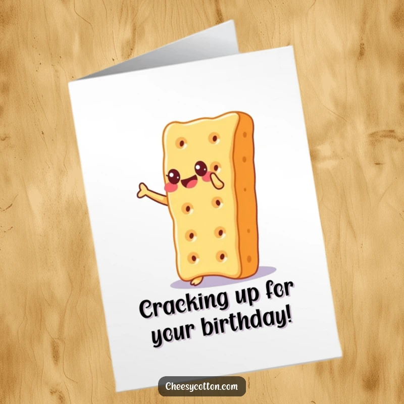 Funny Free Printable Birthday Card featuring a cheesy cracker joyfully balancing on its corner with a wide grin.