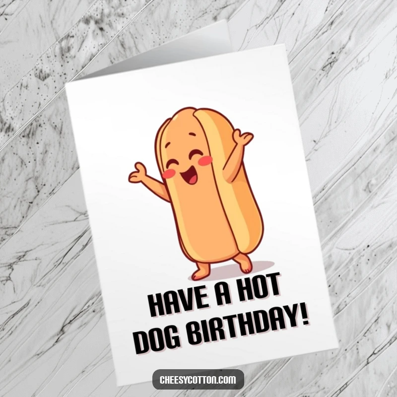 Funny Free Printable Birthday Card featuring an anthropomorphic hot dog doing a silly dance move, perfect for a laugh-out-loud greeting.