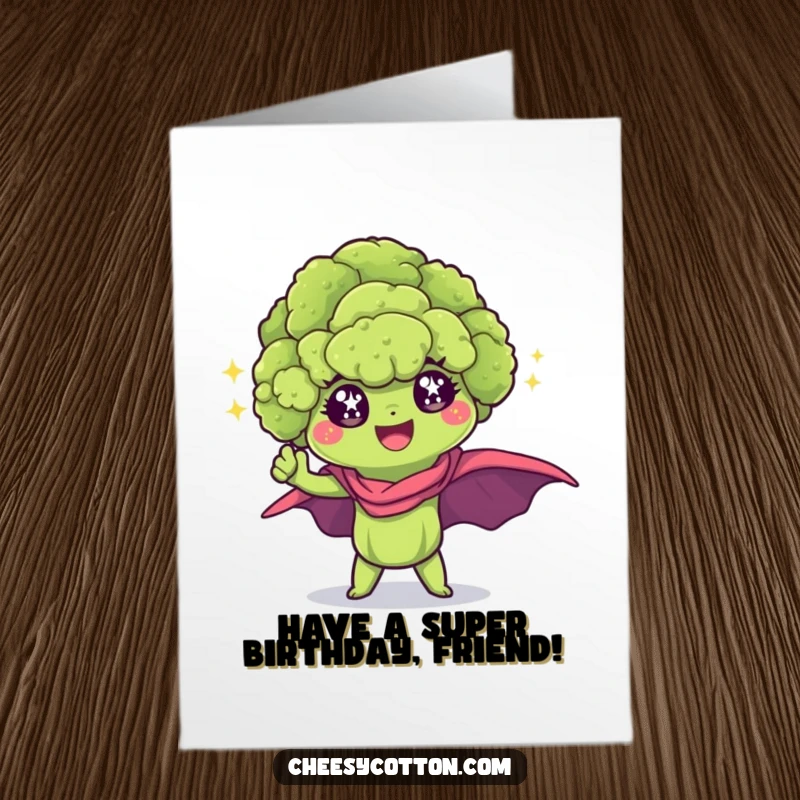 Funny Free Printable Birthday Card: A kawaii broccoli floret with sparkling eyes striking a powerful superhero pose for a birthday.
