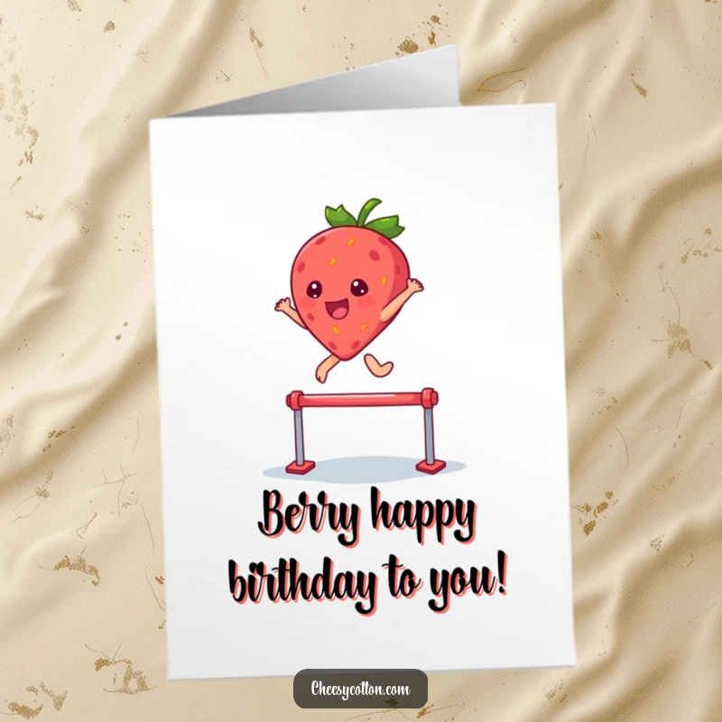 Funny Free Printable Birthday Card: A cute kawaii strawberry character joyfully leaping over a small hurdle with enthusiasm.
