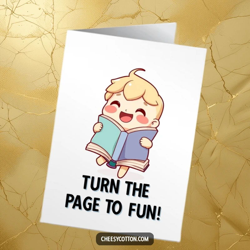 Funny Free Printable Book Birthday Card with a joyful character happily flipping pages, celebrating a birthday story.