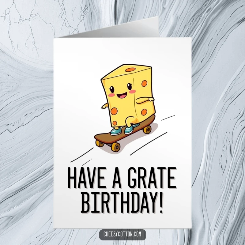 Funny Free Printable Birthday Card: A smiling cheese wedge confidently riding a skateboard down a ramp, looking totally rad.
