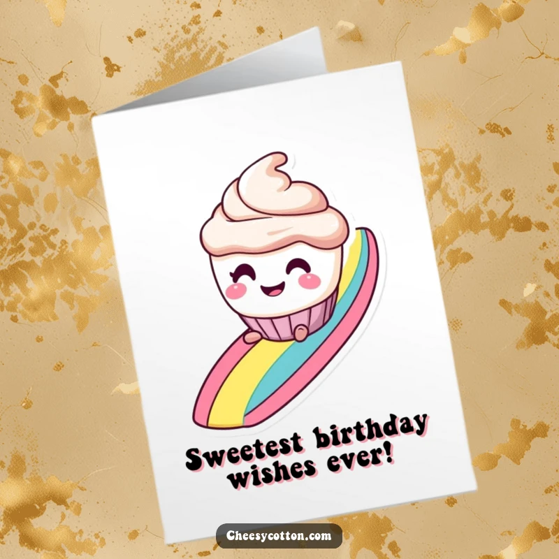 Funny free printable birthday card: a smiling cupcake with mischievous eyes slides down a vibrant rainbow.