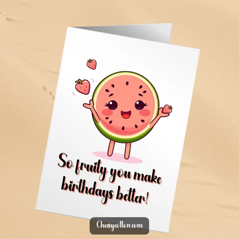 Funny Free Printable Birthday Card featuring a delighted watermelon slice character joyfully juggling miniature fruits, perfect for a laugh.