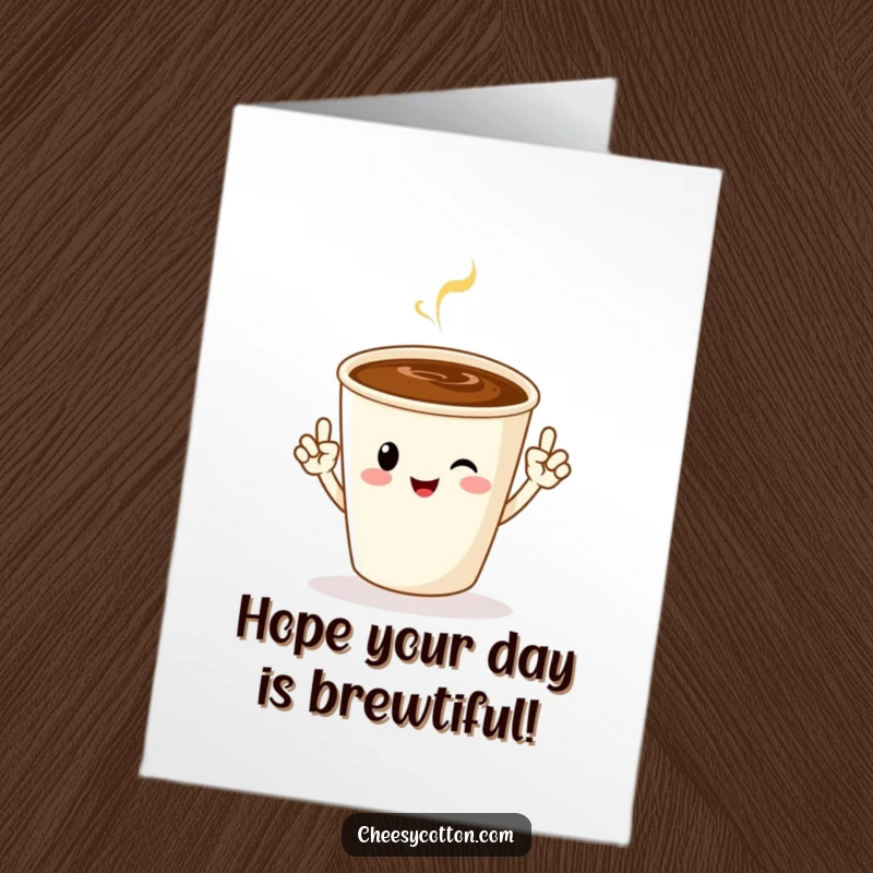 Funny Free Printable Birthday Card: A cheerful coffee cup character throws up jazz hands, full of birthday energy.