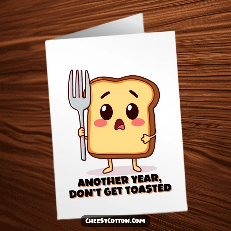Funny Free Printable Birthday Card: A piece of toast looks shocked while holding an oversized fork, ready for cake.