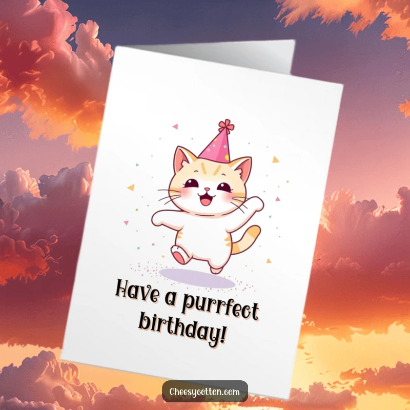 Funny free printable birthday card: a kawaii cat in a party hat joyfully leaps through a shower of glitter.