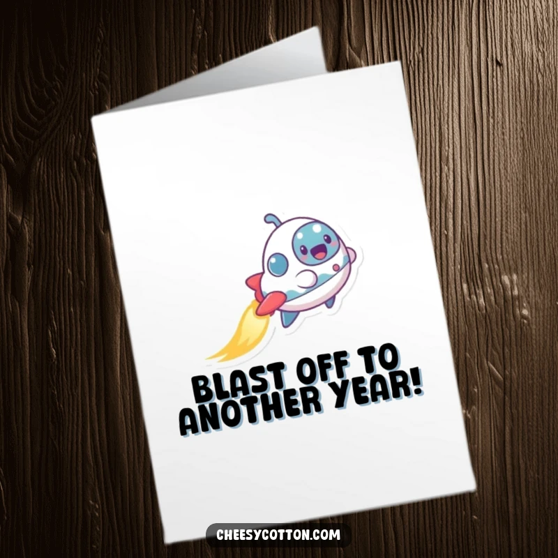 Funny Free Printable Spaceship Birthday Card featuring a tiny, excited character leaving a shimmering trail, ready to celebrate.