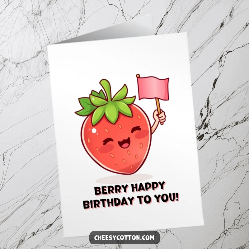 Funny Free Printable birthday card featuring a cute strawberry character waving a tiny flag with excitement.