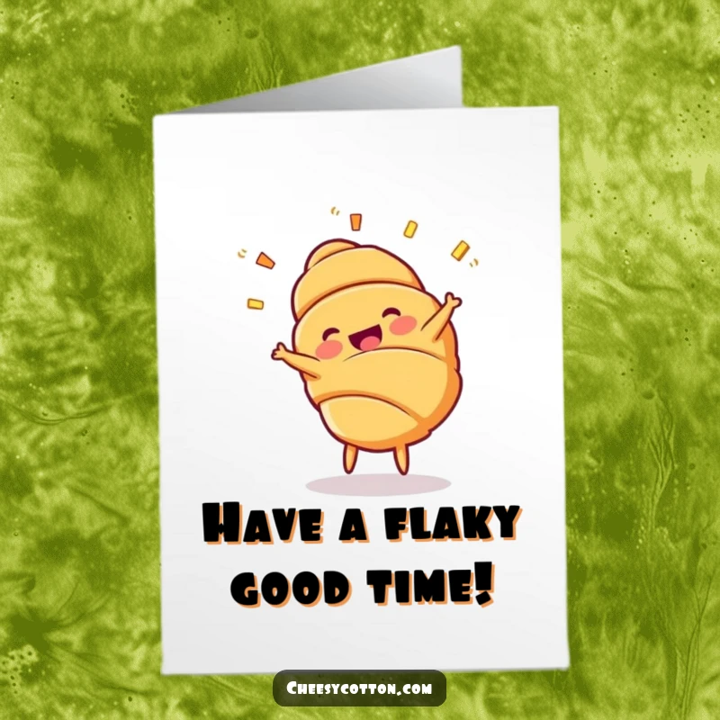 Funny Free Printable Birthday Card: A cheerful croissant character performing a cartwheel with flaky layers flying.