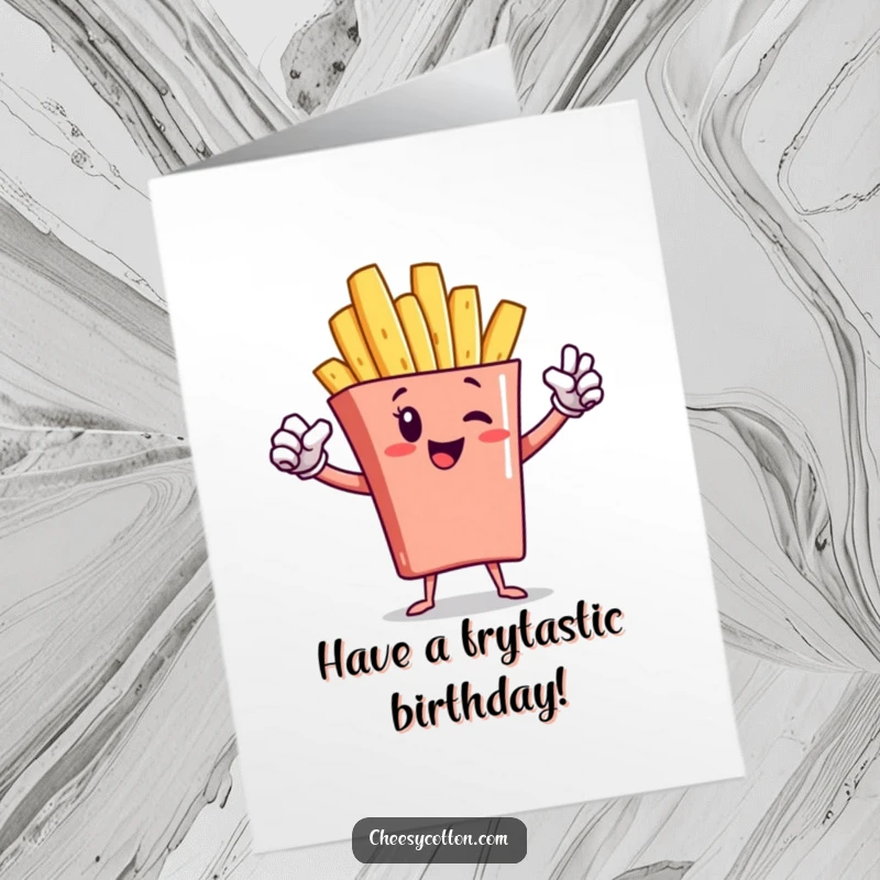 Funny free printable birthday card featuring a happy french fry character striking a classic superhero pose, cape billowing.