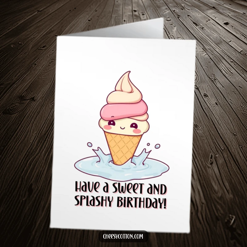 Funny Free Printable Birthday Card: A joyful ice cream cone gleefully splashing, spreading birthday cheer.