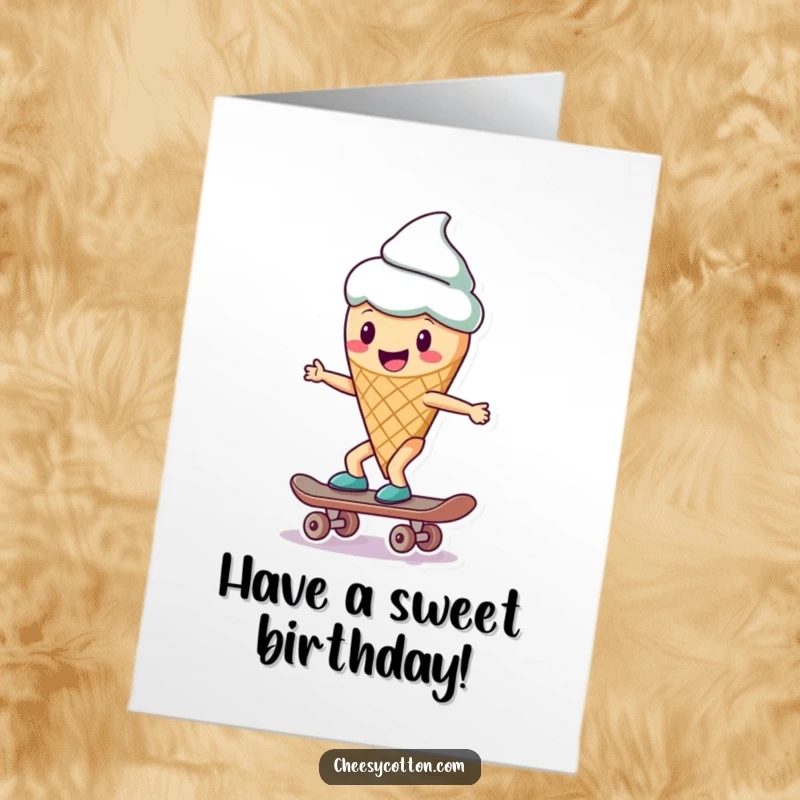 Funny Free Printable Birthday Card: A cheerful ice cream cone character expertly riding a skateboard, celebrating a birthday.