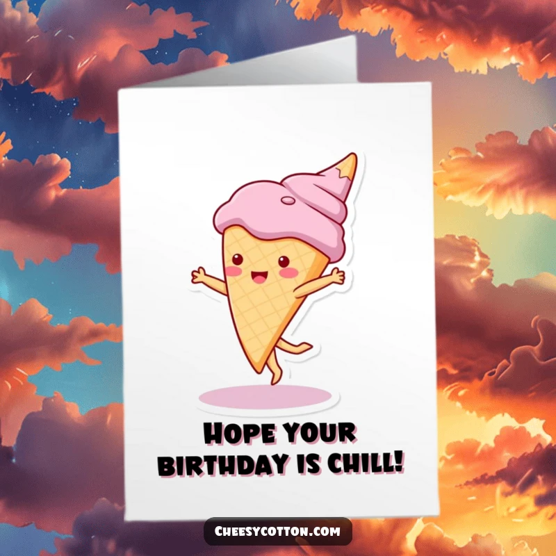 Funny Free Printable birthday card featuring a cute ice cream cone character energetically doing a cartwheel.