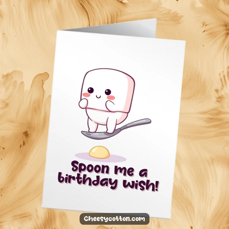 Funny Free Printable Birthday Card: Bouncy marshmallow character hilariously failing to balance on a tiny spoon.