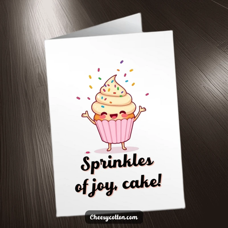 Funny free printable birthday card with a joyful cupcake character expertly juggling a cascade of colorful sprinkles, ready to party.