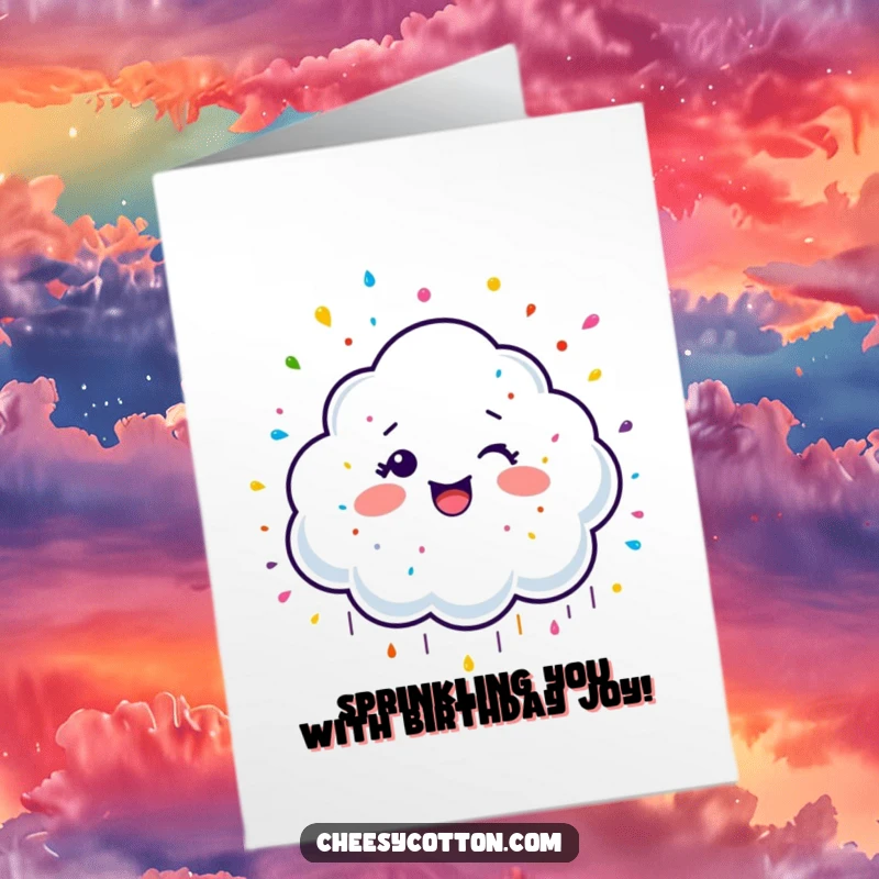 Funny Free Printable Birthday Card: Giggling cloud character raining colorful sprinkles, spreading happiness and sweet wishes.