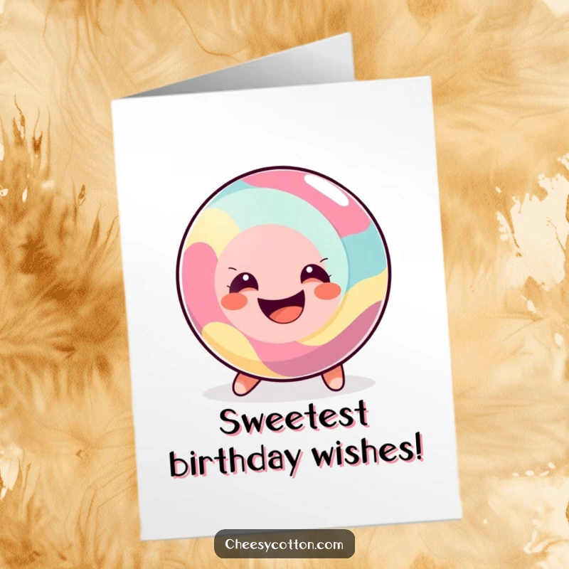 Funny Free Printable Birthday Card featuring a happy, round candy rolling along with a wide, infectious smile.