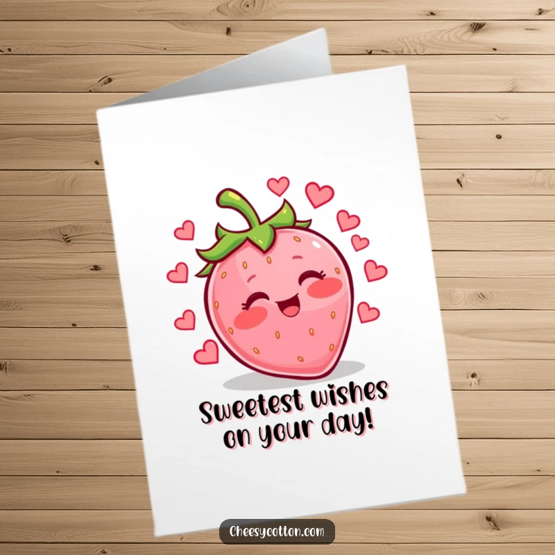 Funny Free Printable Birthday Card: A kawaii strawberry with rosy cheeks giggling while juggling tiny hearts, spreading love.