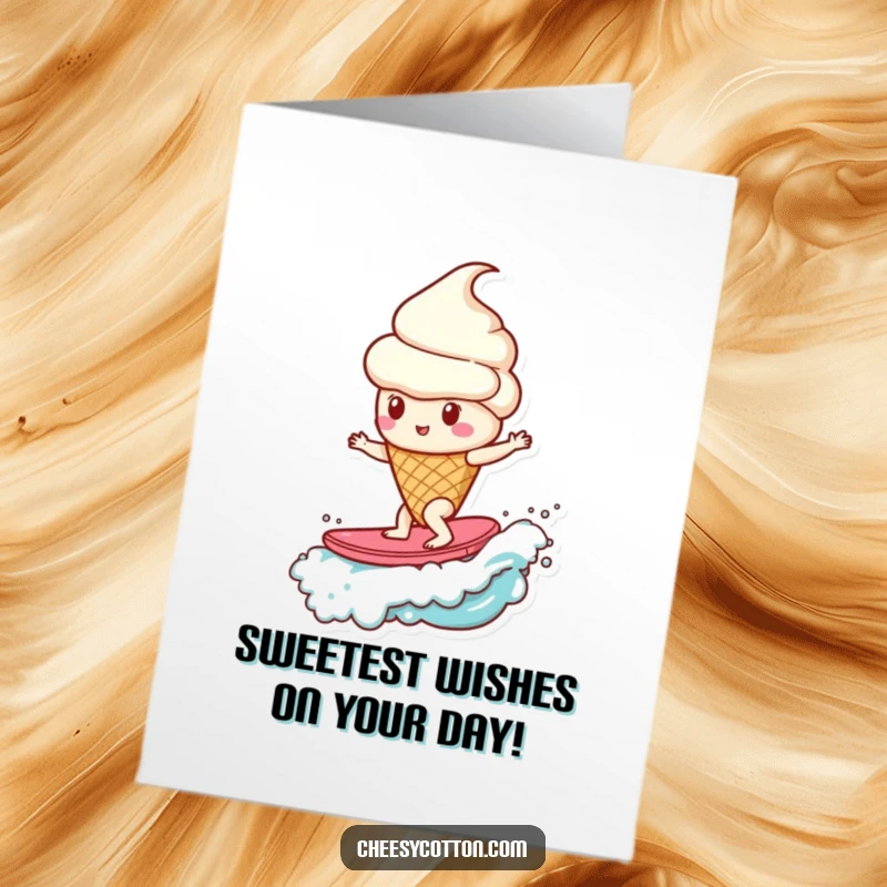 Funny Free Printable Birthday Card: Ice cream cone character surfs a candy wave, a sweet downloadable gift.