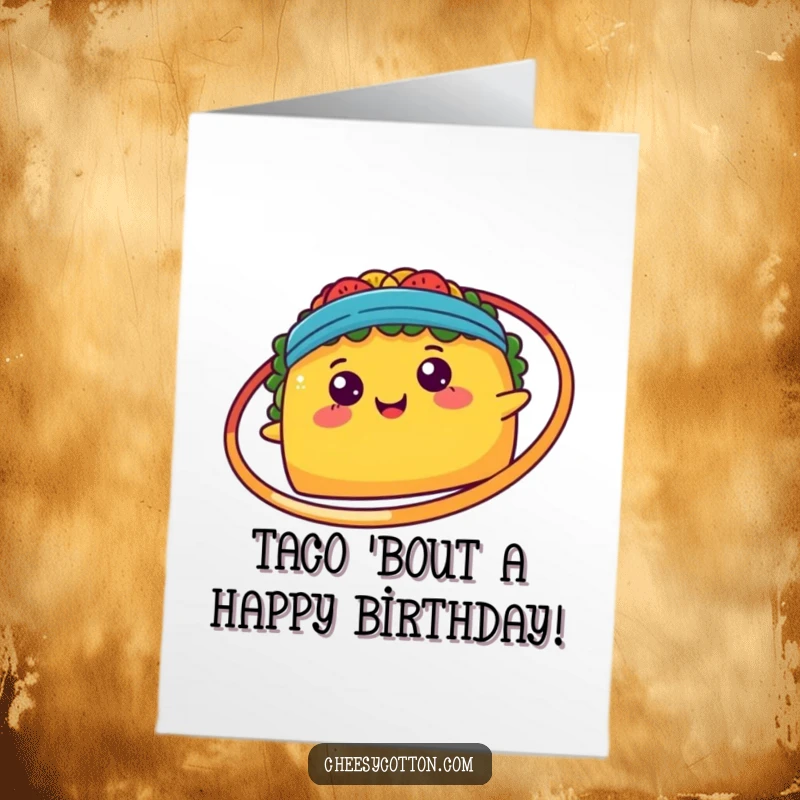 Funny Free Printable Birthday Card: Happy kawaii taco playfully spinning a hula hoop around itself, ready to party.