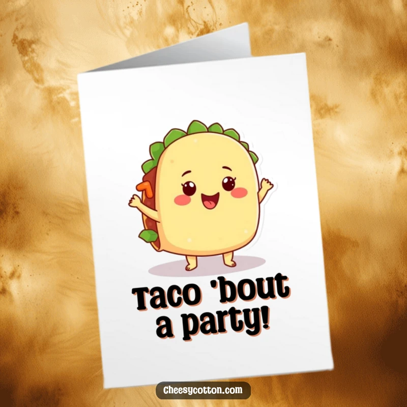 Funny Free Printable Birthday Card: A happy taco character dances wildly, its delicious filling jiggling with pure joy.