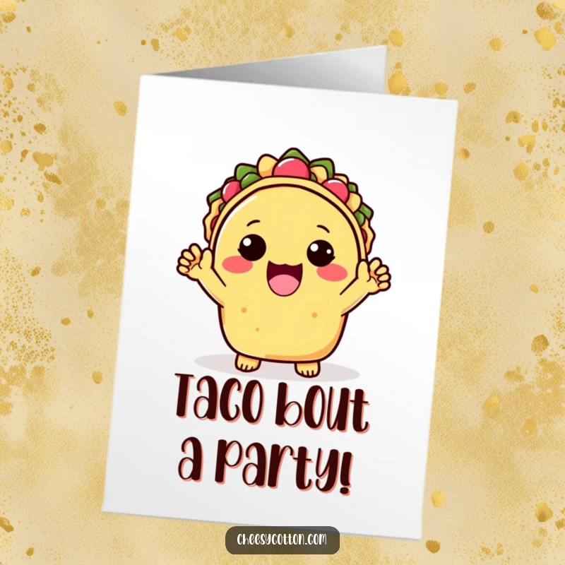Funny Free Printable Birthday Card featuring a joyful Kawaii taco cheering enthusiastically with both hands, ready to celebrate.