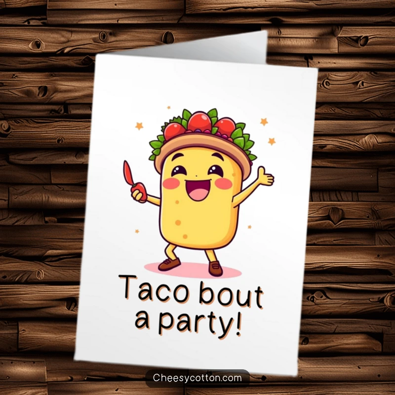 Funny Free Printable Birthday Card: A joyful taco dancing wildly with a sassy chili pepper, ready to party.