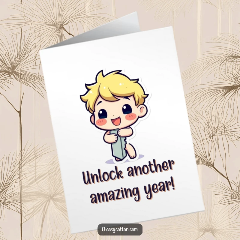 Funny Free Printable Key Birthday Card with a happy character cheerfully turning itself, symbolizing unlocking celebration.