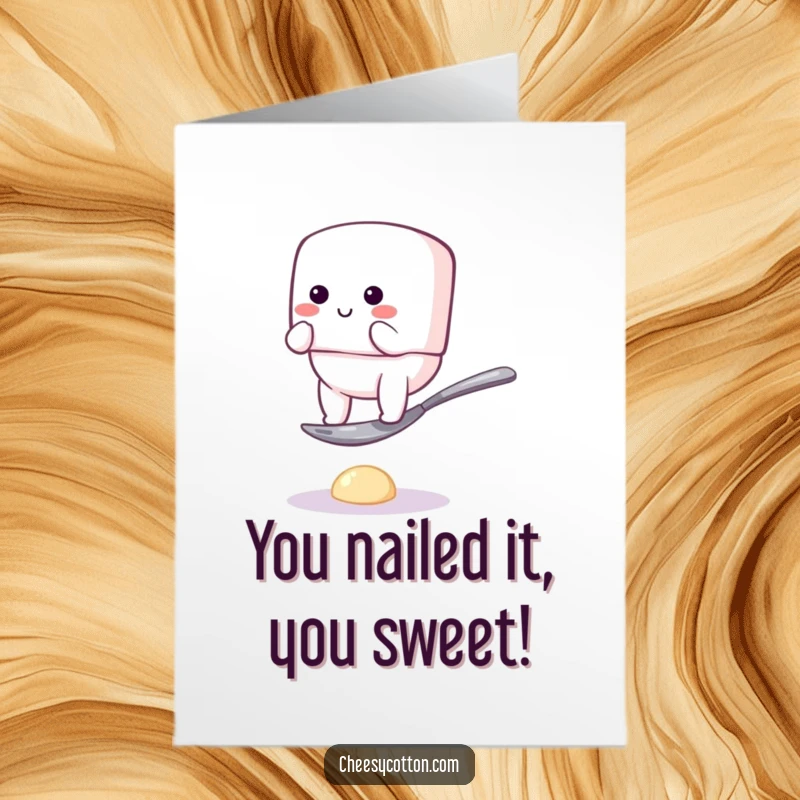 Funny Free Printable Congratulations Card: Bouncy marshmallow character wiggles precariously on a tiny spoon, celebrating your success.
