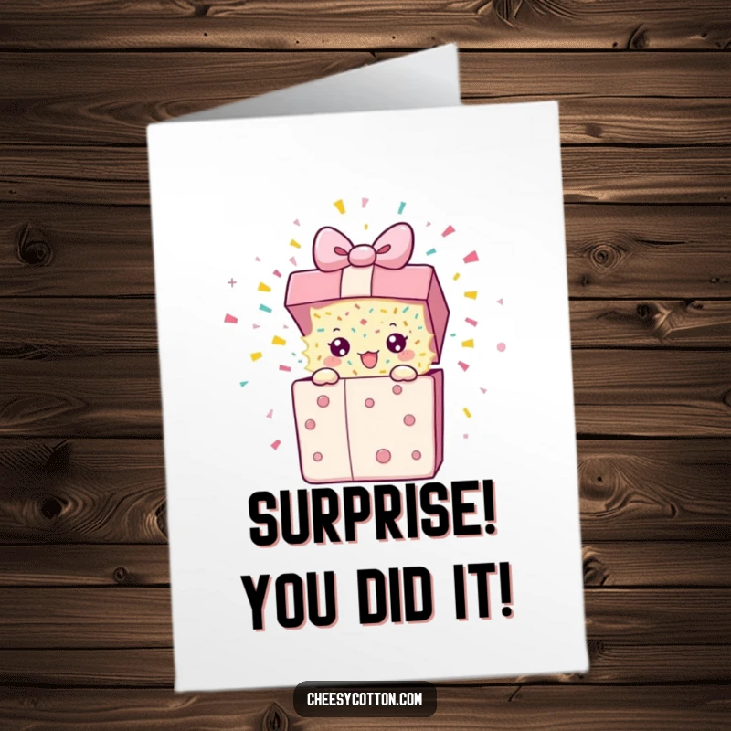 Funny free printable congratulations card with a jumping gift box character erupting in confetti, perfect for celebrating success.