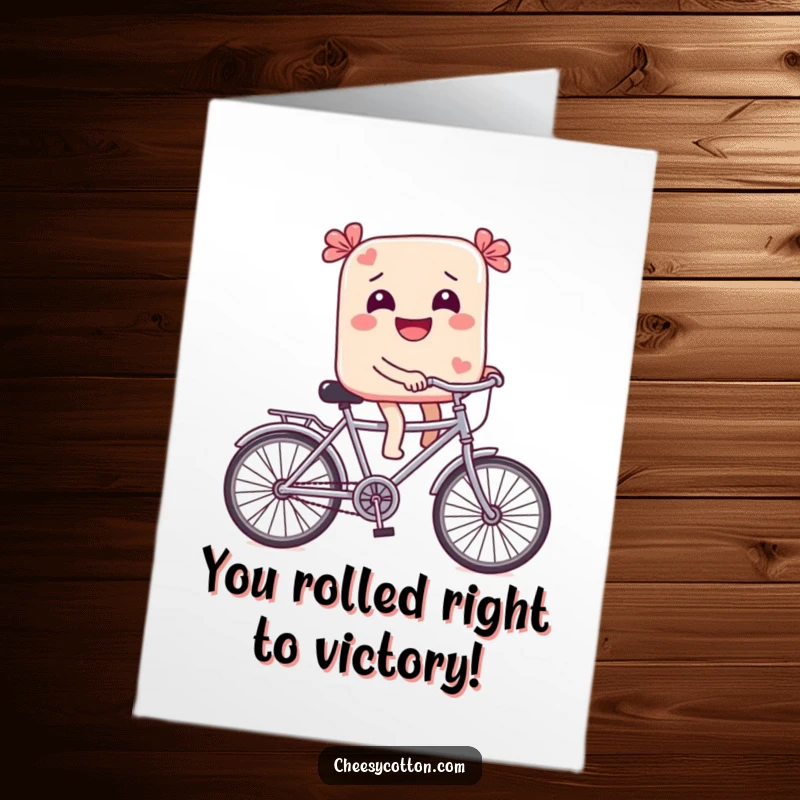 Funny Free Printable Congrats Card: A giggling candy joyfully pedaling a miniature bicycle, celebrating accomplishments.