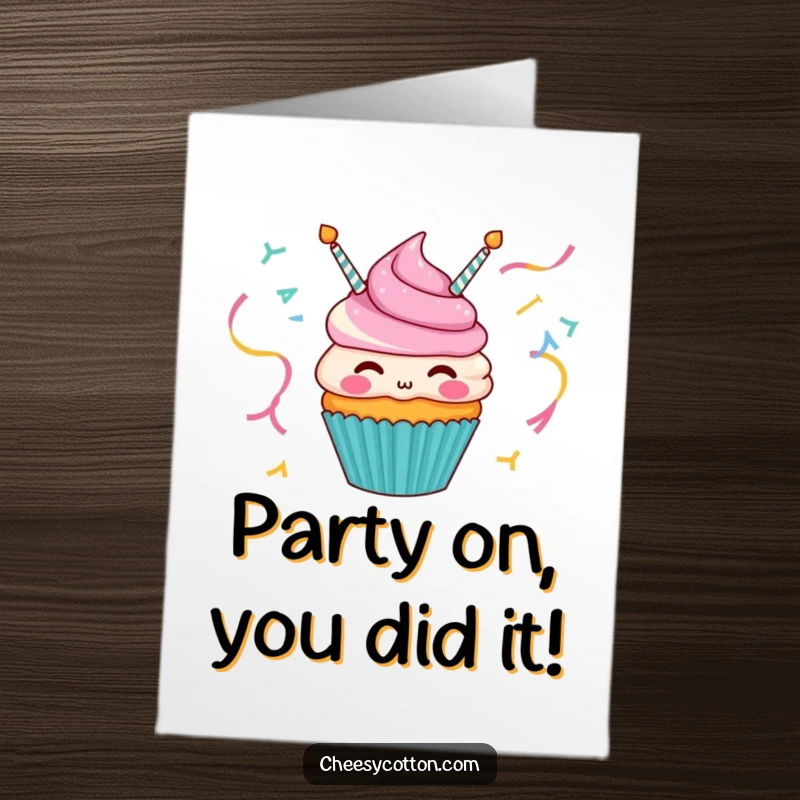 Funny Free Printable Congratulations Card: A cheerful cupcake character joyfully blowing party streamers, celebrating a big win.