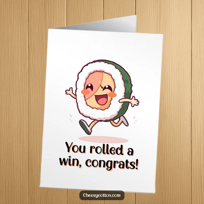 Funny Free Printable Congratulations Card: Excited sushi roll doing a high-kneed run, celebrating a momentous win with infectious glee.