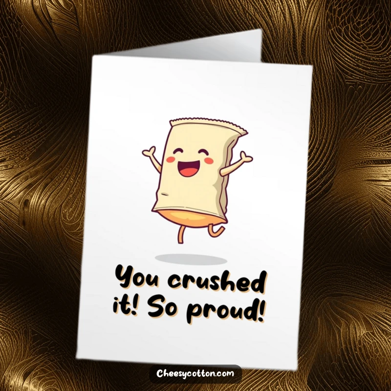 Funny Free Printable Congrats Card: A gleeful chip performing a dynamic cartwheel, celebrating success with humor.