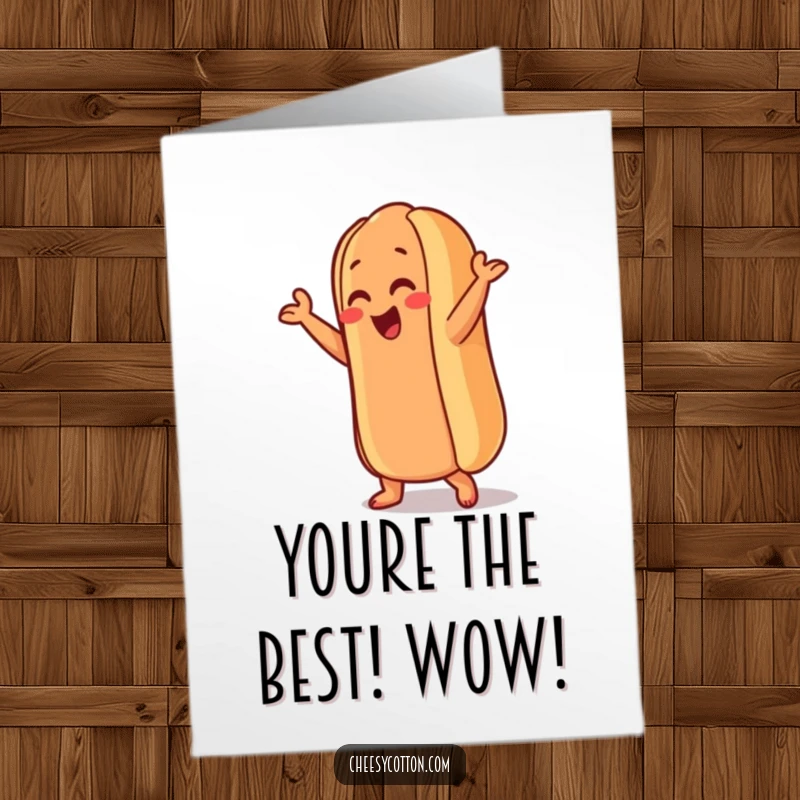 Funny Free Printable Congratulations Card showing an anthropomorphic hot dog doing a silly dance move, ideal for celebrating any win.