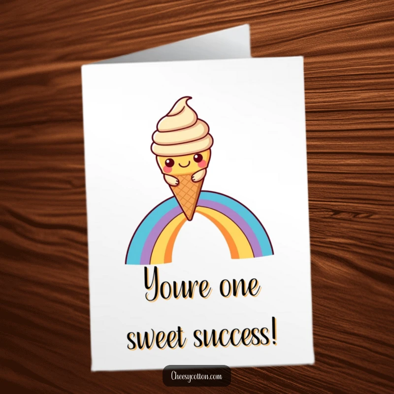 Free Printable Congratulations Card: A cheerful kawaii ice cream cone surfing a rainbow, celebrating accomplishment.