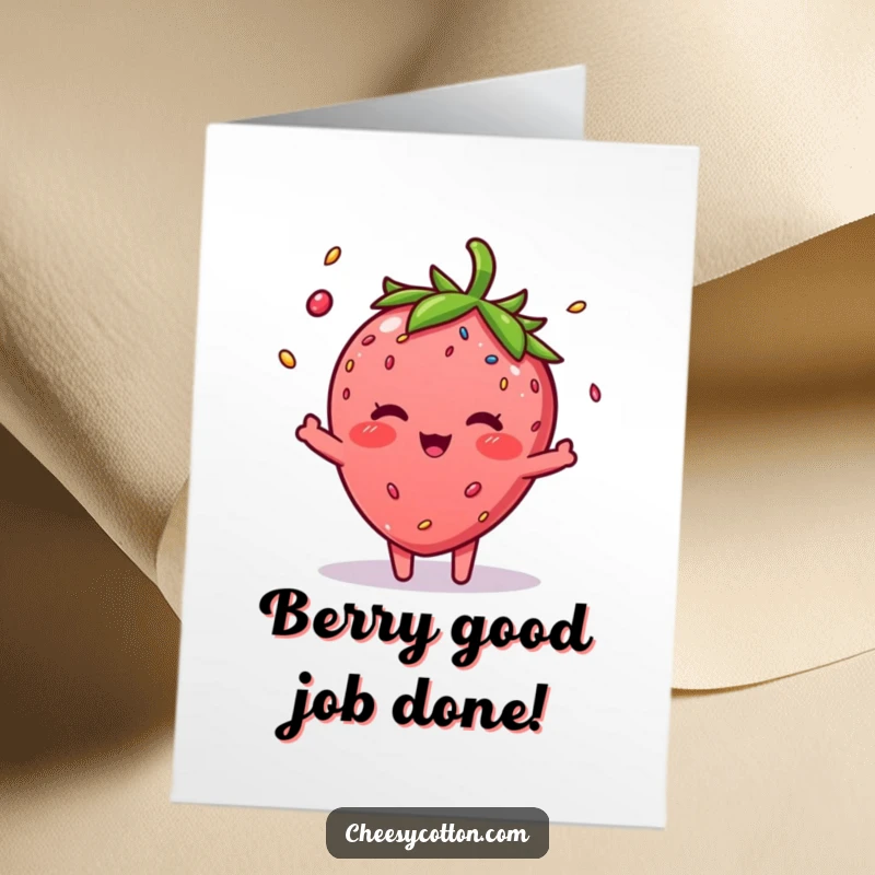 Funny Free Printable Congratulations Card: A shy, blushing strawberry juggling vibrant sprinkles with excitement.