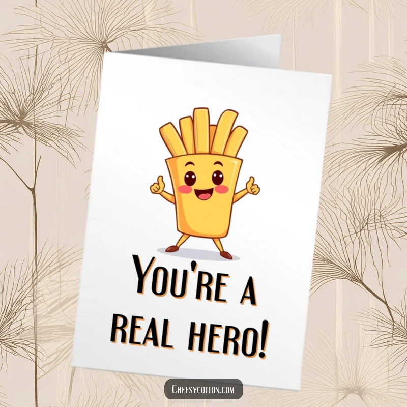 Funny Free Printable congratulations card showing a happy french fry character in a heroic superhero stance.