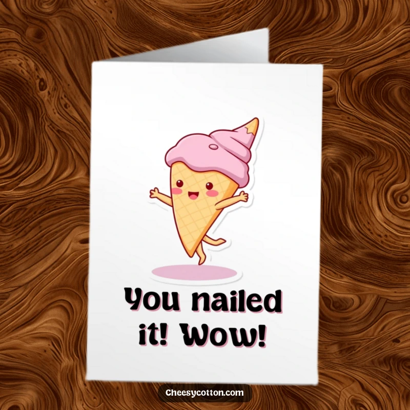 Funny Free Printable congratulations card showing a cute ice cream cone character doing a playful cartwheel.