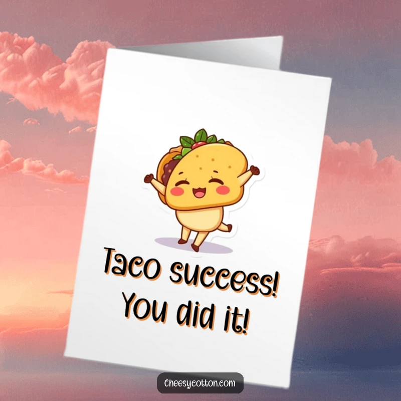 Funny free printable congratulations card showing a kawaii taco character winking mid-cartwheel, celebrating your big win adorably.