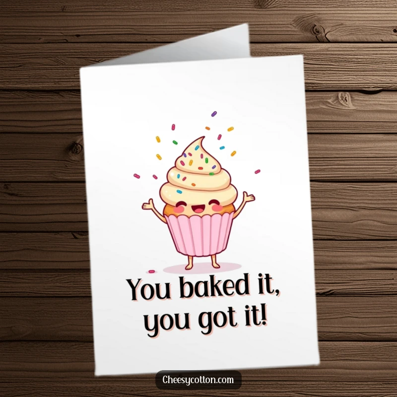 Funny free printable congratulations card showing a gleeful cupcake character tossing a shower of colorful sprinkles with impressive juggling skills.