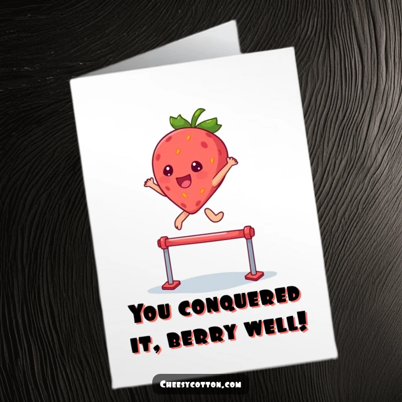 Funny Free Printable Congratulations Card: A kawaii strawberry character in mid-air, joyfully clearing a small hurdle in celebration.